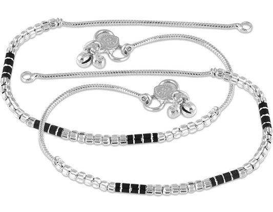 Elegant Silver-Toned Artificial Anklet Pair with Black Beaded Detailing