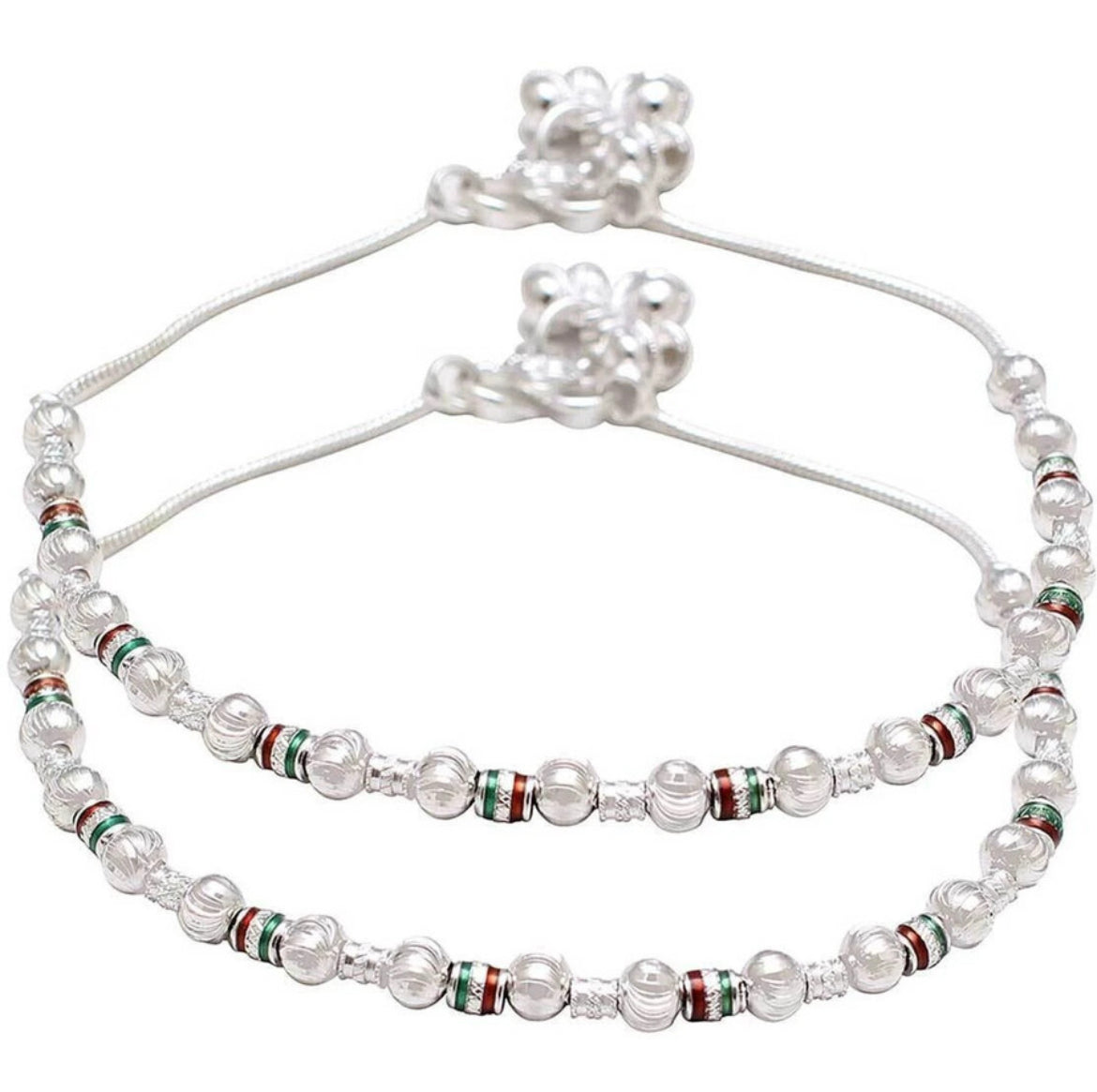 Elegant Artificial Silver-Plated Beaded Anklet Pair with Multicolor Accents