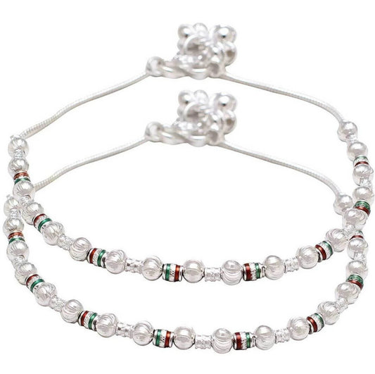 Elegant Artificial Silver-Plated Beaded Anklet Pair with Multicolor Accents