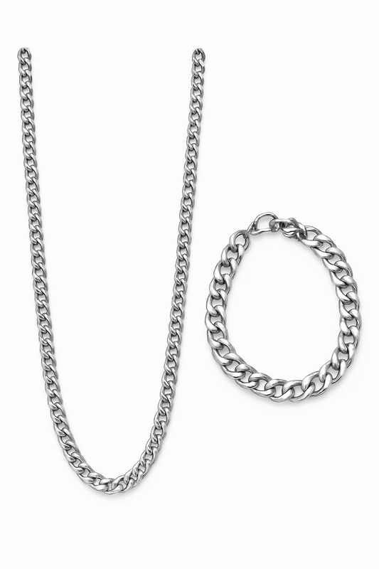 VALMYRA Unisex Silver Plated Cuban Chain with Matching Bracelet Set – Stylish Hip Hop Jewelry for Men & Women